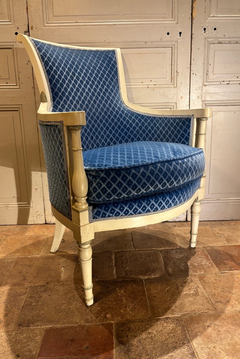 Pair Of Directoire-style Cabriolet Armchairs Made Of Wood Painted Gray, Late 18th Century -photo-6