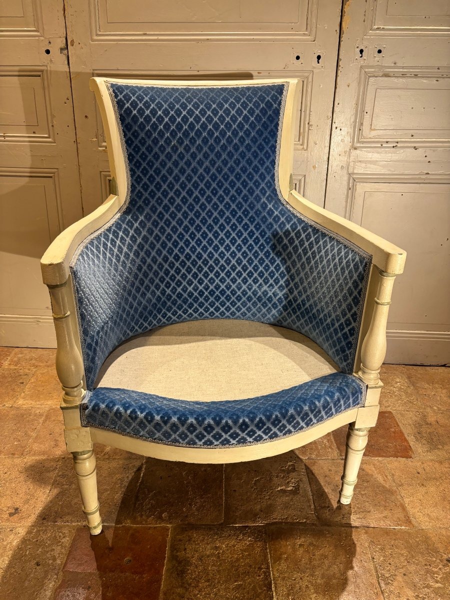 Pair Of Directoire-style Cabriolet Armchairs Made Of Wood Painted Gray, Late 18th Century -photo-7