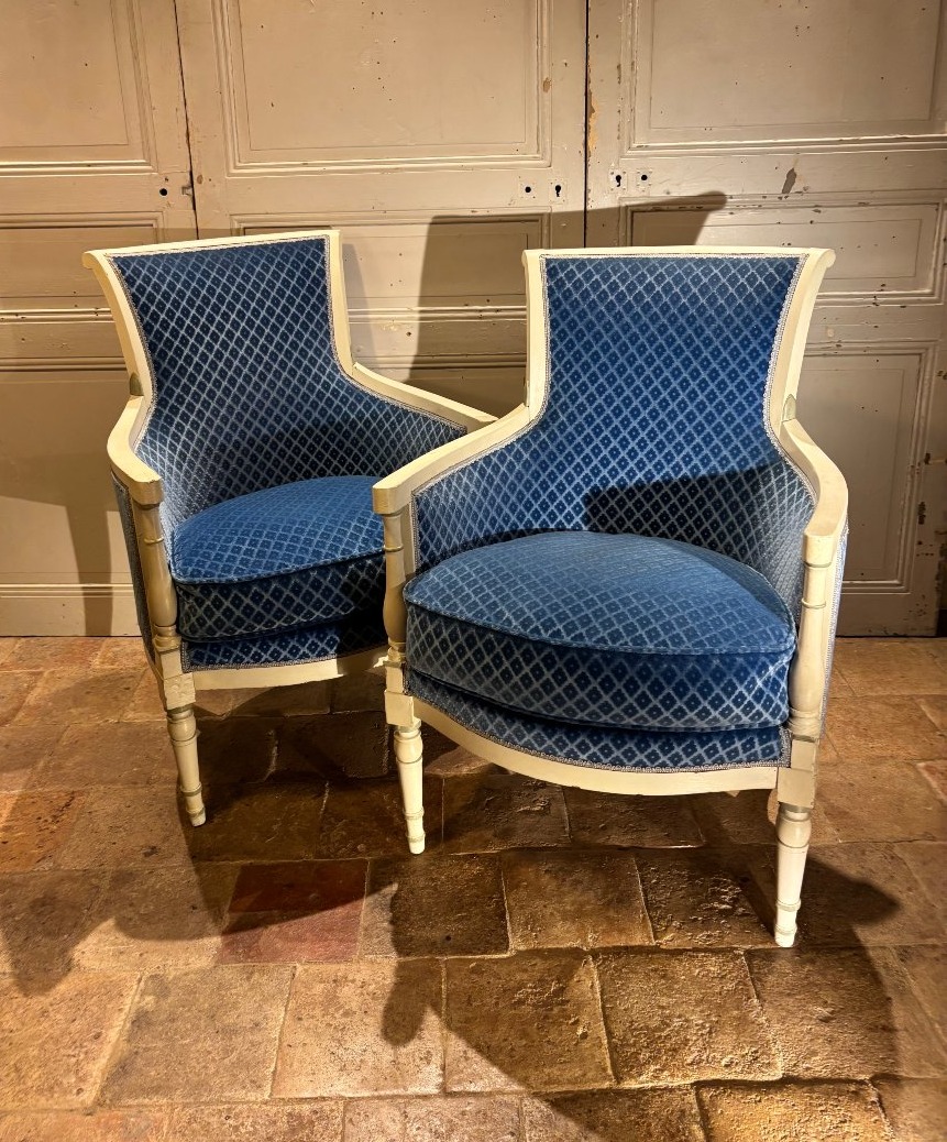 Pair Of Directoire-style Cabriolet Armchairs Made Of Wood Painted Gray, Late 18th Century 