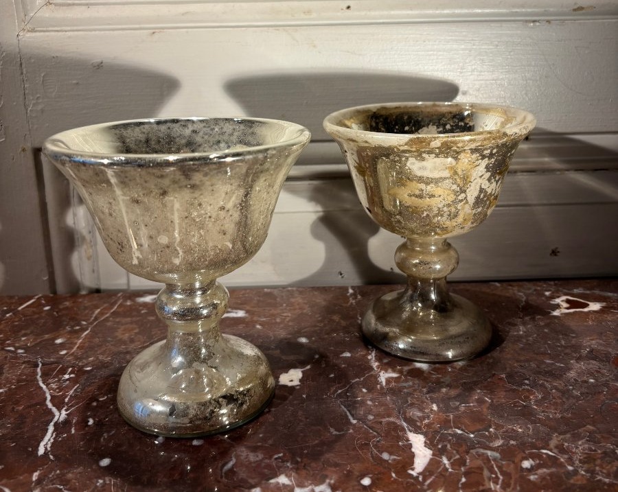 Pair Of Mercurized Glass Bowls On Stands, 19th Century-photo-2