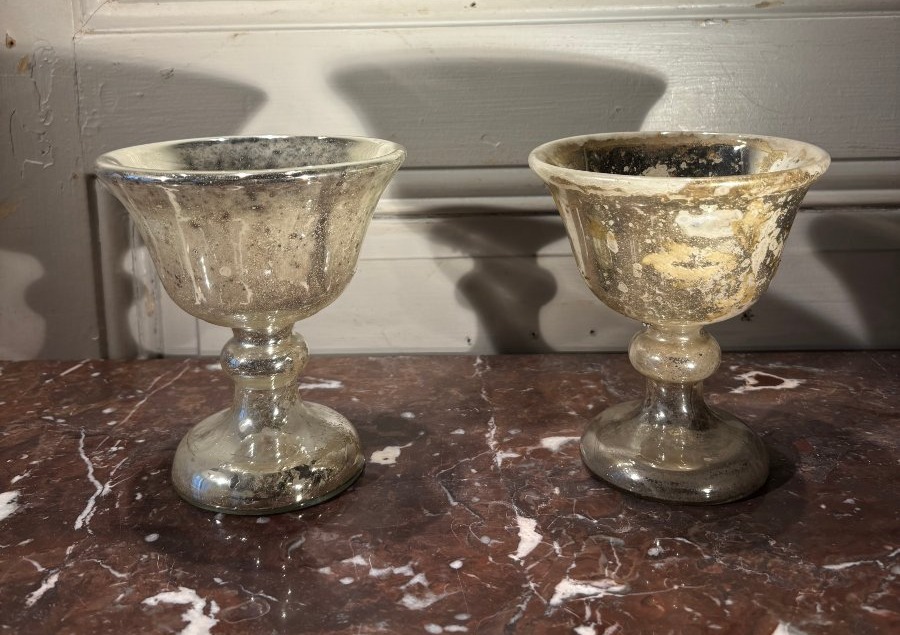 Pair Of Mercurized Glass Bowls On Stands, 19th Century-photo-3