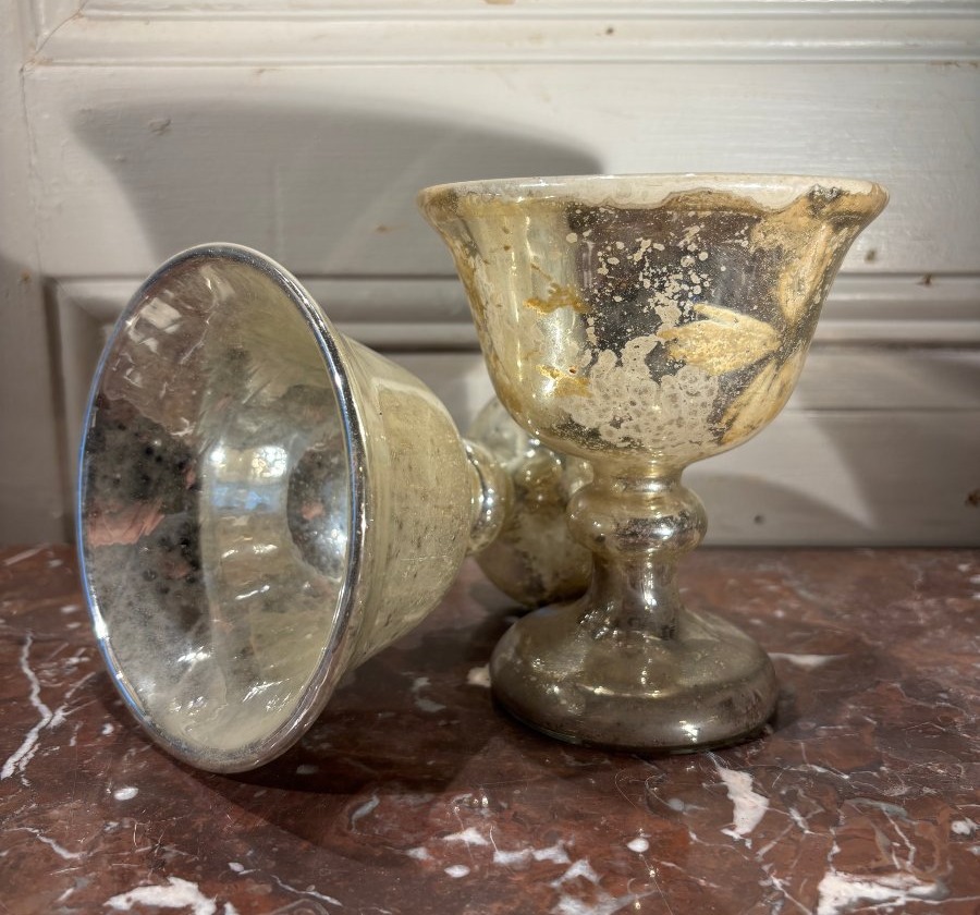 Pair Of Mercurized Glass Bowls On Stands, 19th Century