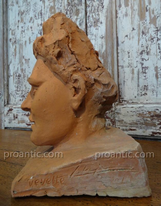 Bust Terracotta "vevette" Around 1940-photo-3