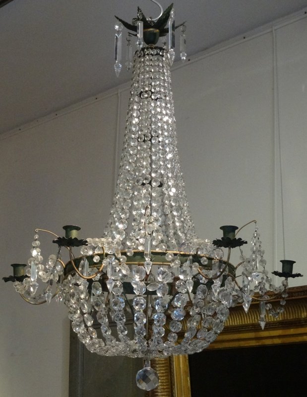 Lustre Montgolfière De Style Directoire En Tôle Peinte, Verre Et Cristal -photo-2