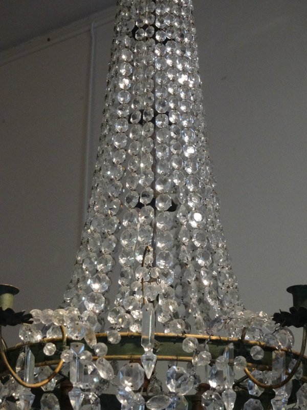 Lustre Montgolfière De Style Directoire En Tôle Peinte, Verre Et Cristal -photo-3