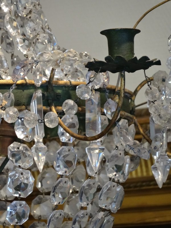 Lustre Montgolfière De Style Directoire En Tôle Peinte, Verre Et Cristal -photo-2