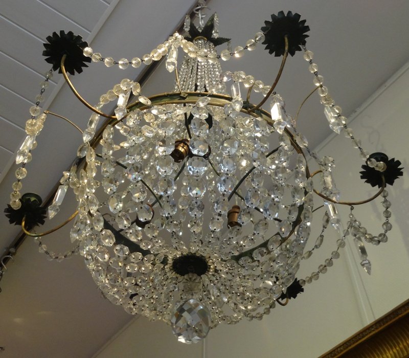 Lustre Montgolfière De Style Directoire En Tôle Peinte, Verre Et Cristal -photo-4