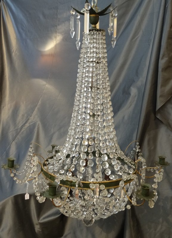 Lustre Montgolfière De Style Directoire En Tôle Peinte, Verre Et Cristal 