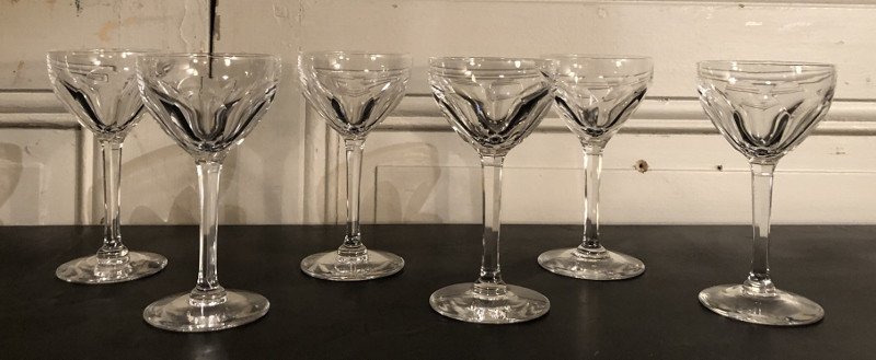 Six Art Deco St Louis cut crystal wine goblet glasses