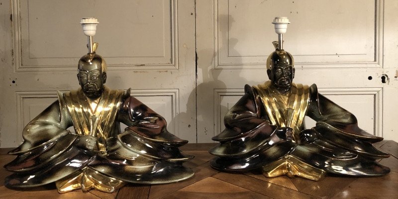 Paire De Grandes Lampes " Samouraï" En Faïence Italienne Vers 1980-photo-2