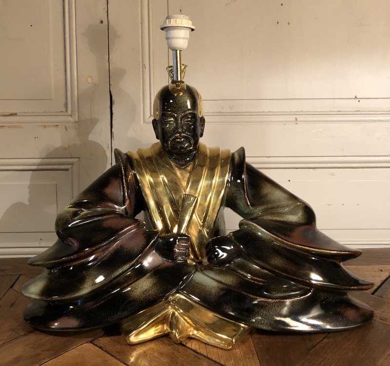 Paire De Grandes Lampes " Samouraï" En Faïence Italienne Vers 1980-photo-3