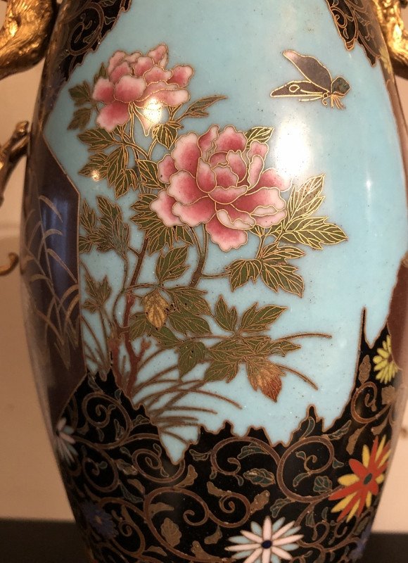 Paire De Lampes En émail Cloisonné à Monture Signé Susse Fréres-photo-2