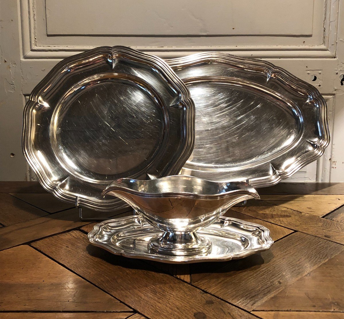 2 Dishes And A Louis XV Style Sauceboat In Silver Metal XXth Century