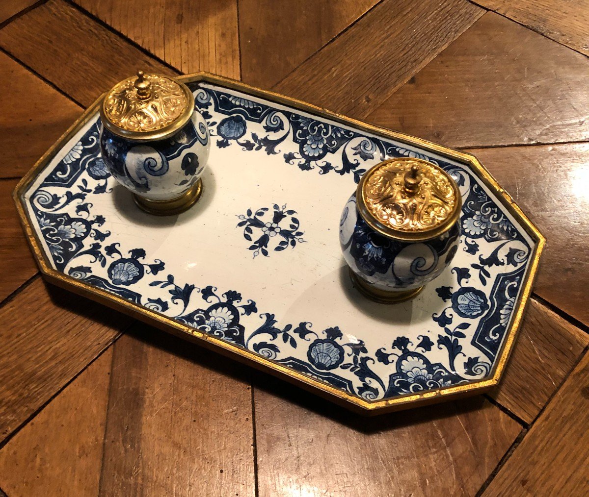 Earthenware Inkwell With Old Blue Rouen Decor Signed A. Renoleau-photo-8
