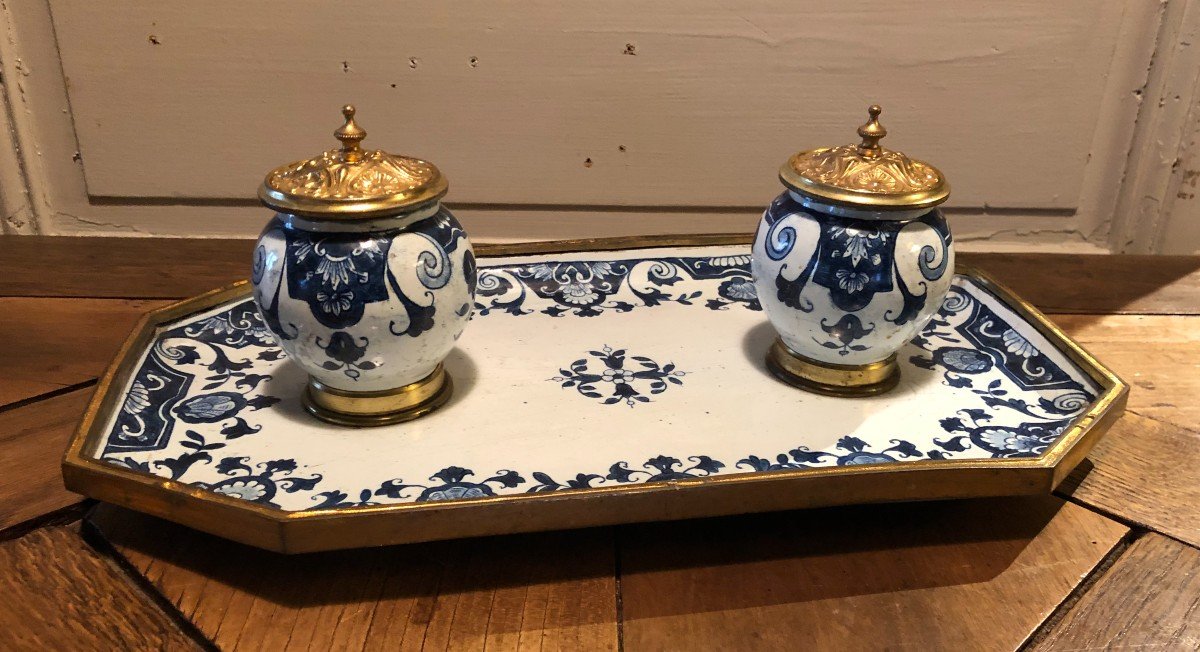 Earthenware Inkwell With Old Blue Rouen Decor Signed A. Renoleau