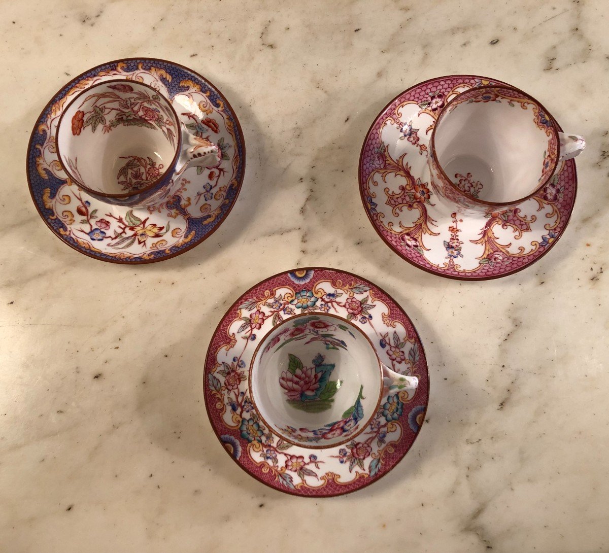 R&eacute;union De Trois Tasses &agrave; Caf&eacute; Sargueminnes  Minton XIX&deg; Si&egrave;cle -photo-3