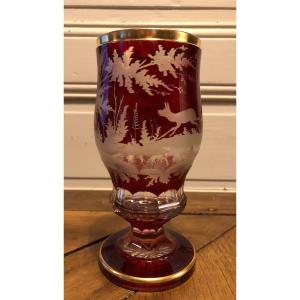 Lined And Cut Bohemian Crystal Vase With Engraved Deer Decor