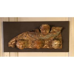 Quatre Têtes d'Anges En Bois Sculpté Polychrome époque XVIII° Siècle