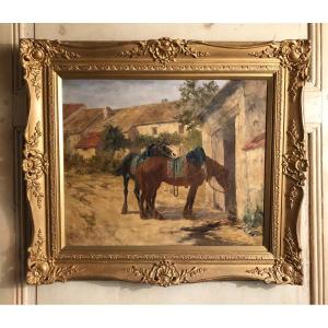 "accolade De Chevaux" Signé G. Calves Huile Sur Toile