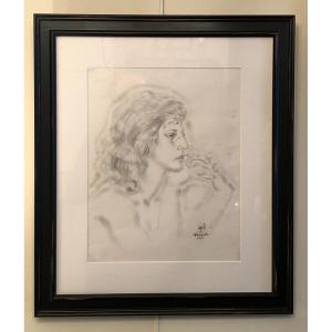 dessin Profil de jeune femme "jacqueline" signée Foujita et daté 1929