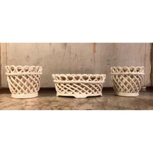 Suite Of 3 Planters In Ivory Earthenware Basketwork Around 1900