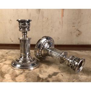 Pair Of Louis XVI Style Candlesticks In Silvered Bronze 