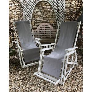 Pair Of Painted Wooden Ocean Liner Deckchairs Circa 1920