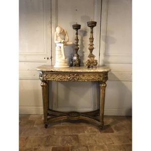 console style Louis XVI en bois doré et plateau de marbre 