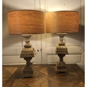 paire de grandes lampes balustres Louis XVI en bois sculpté et peint 