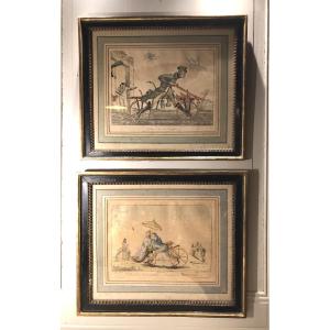 Draisienne, v&eacute;locip&egrave;de, deux gravures color&eacute;es, caricatures vers 1820