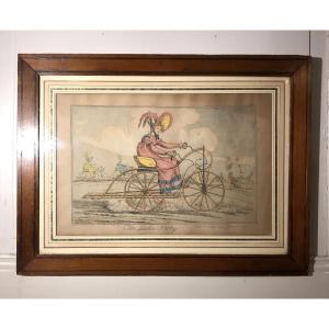 Draisienne, vélocipède, "The Ladies hobby" gravure colorée, caricatures vers 1820
