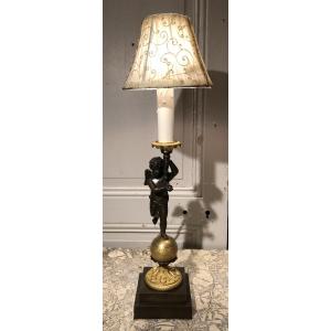 Lampe à l'ange Empire en bronze doré et patiné XIX° siècle 