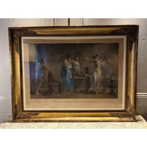 D'apr&egrave;s Fragonard Psych&eacute;, ses s&oelig;urs et Cupidon gravure color&eacute;e