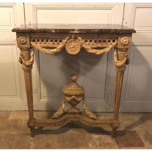 Louis XVI Console In Carved Oak And Royal Red Marble 18th Century