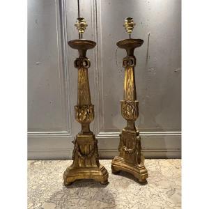 Pair Of Louis XVI Gilded Wood Candle-holders 18th Century