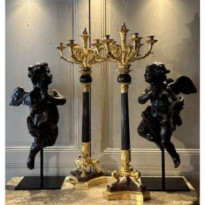 Paire de candélabres Empire en bronze doré, patiné et marbre
