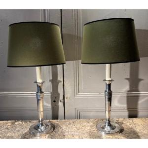 Paire de bougeoirs lampes Directoire en bronze argenté
