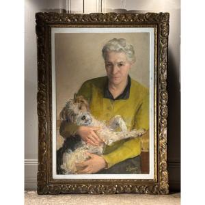 Pastel Dame au fox terrier signé J Cermaise 37