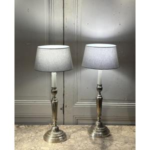 Pair Of Large Louis XVI-style Candelabra Lamps From The 18th Century, Made Of Silver-plated Bronze