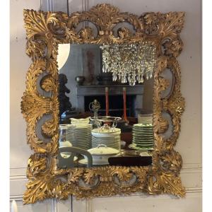 Miroir style louis XIV Baroque Italien en bois sculpté ajouré et doré 