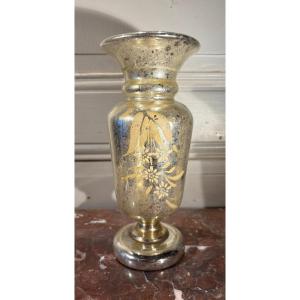 Vase Balustre en Verre Mercurisé à Décor de fleurs peintes XIXe Siècle