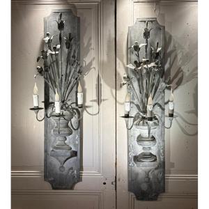 Pair Of Large 19th-century Zinc Wall Sconces Featuring Lilies And Medici Vases