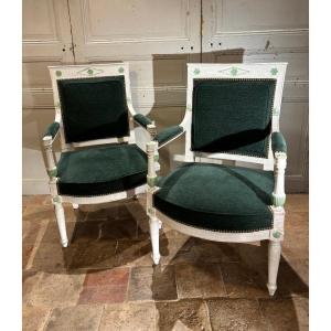 Pair Of Directoire-period Armchairs In White-lacquered Wood With Green Inlay, Late 18th Century