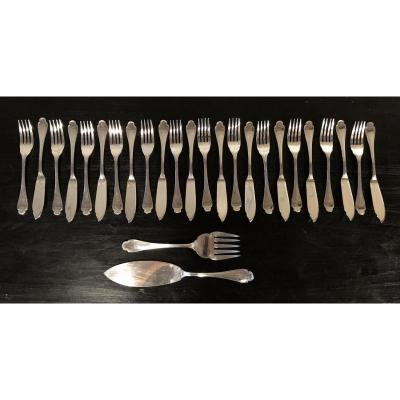 Service Of 12 Fish Cutlery In Silver Metal Alfenide