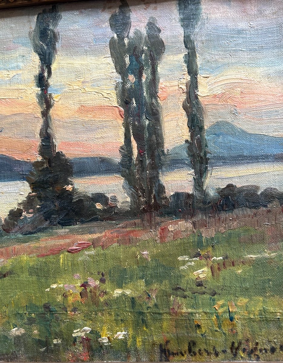 Humbert Vignot Leonie Oil On Panel “sunset Over The Saône”-photo-3
