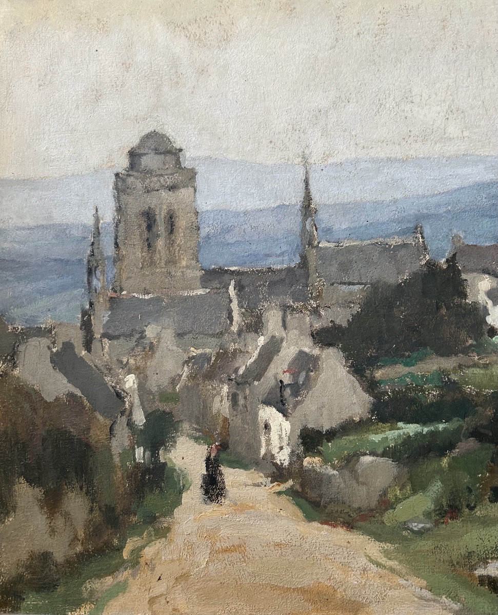 Robert Maurice RAYMOND « Vue de Locronan Finistère » huile sur panneau -photo-1