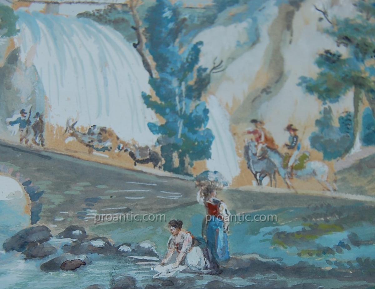 Waterfall Of Liri Island, Gouache Framed, End Of XVIII °.-photo-2