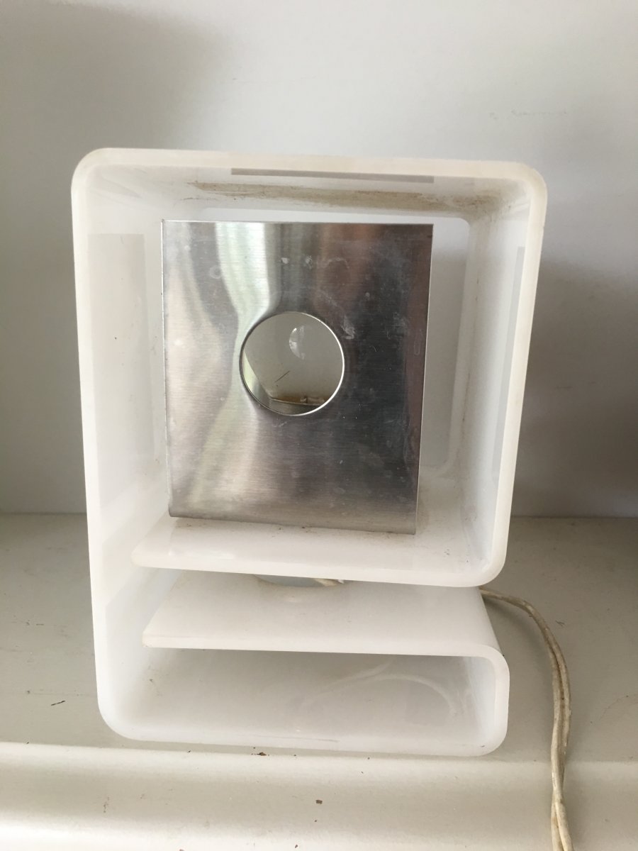 Lamp Cube Moinier Creation In White Plexiglass And Inox Circa 1970