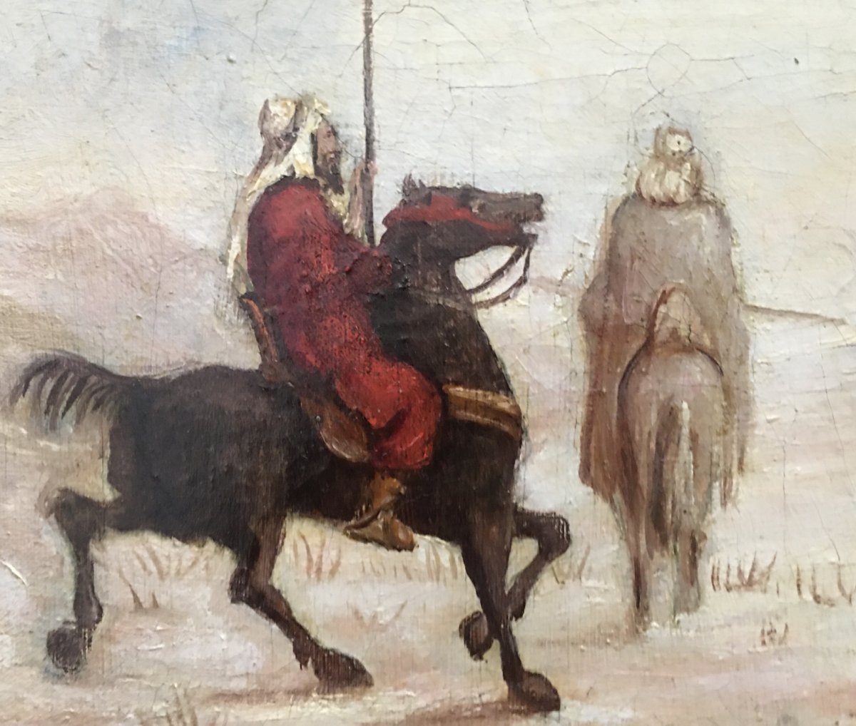 Huile Sur Toile étude  orientaliste Cavaliers Et Soldat Dans Le Désert « vers La Palmeraie »-photo-3