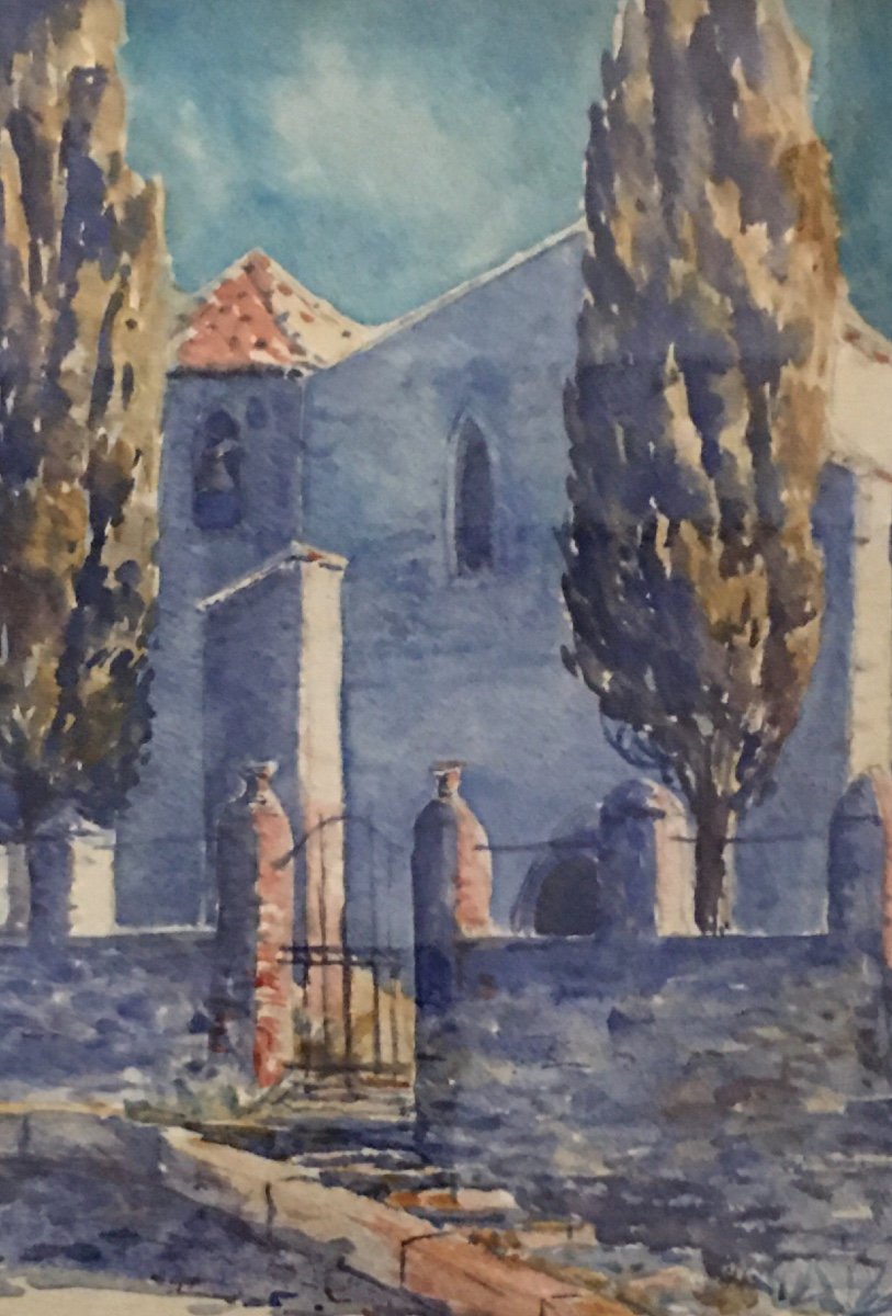 Aquarelle Noël Pichot école Lyonnaise 1931 « la Chapelle Aux Cyprès »-photo-2